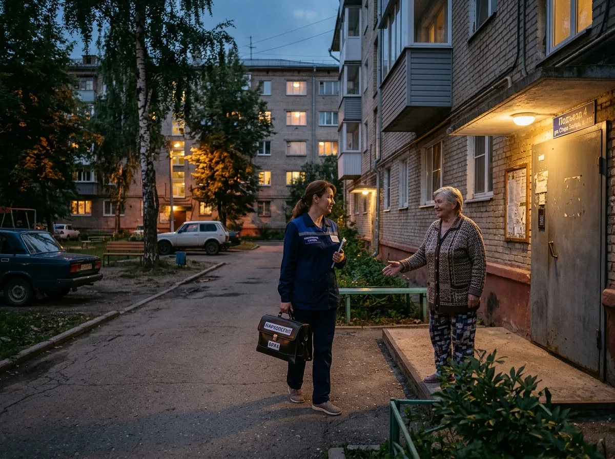 Врач-нарколог приезжает на дом к пациенту в Самаре, тихий жилой двор, вечер, профессиональный медицинский чемоданчик, доверительная обстановка