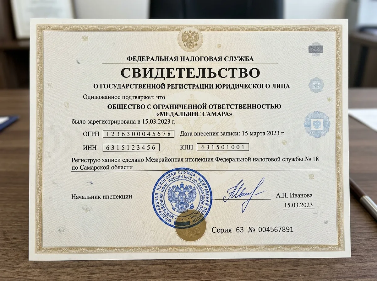 Свидетельство о государственной регистрации ООО МедАльянс Самара, официальный документ с печатью налоговой службы